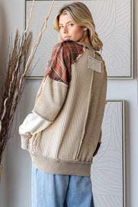 Oli & Hali Mixed Fabric and Plaid Patchwork OVERSIZED Top in Brown