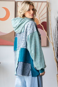 Oli & Hali Mixed Patchwork Hooded Top in Teal Blue