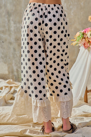 BiBi Linen Blend Polka Dot Printed Ruffle Lace Hem Pants in Cream/Black
