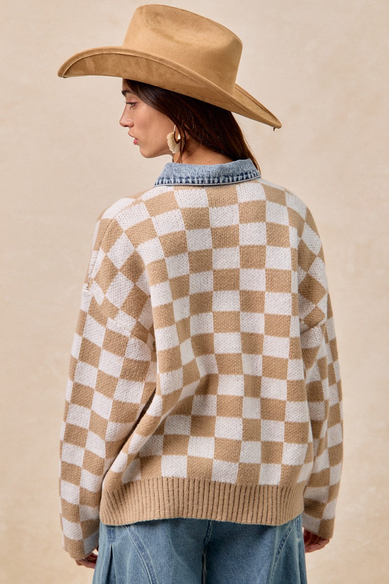 BiBi Sweater Knit Checkered and Denim Trim Jacket in Latte – June Adel BiBi Sweater Knit Checkered and Denim Trim Jacket in Latte – June Adel