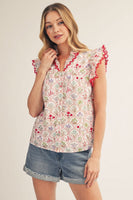 Jodifl Scallop Trim Button Down Floral Top in Red