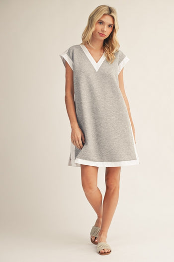 Jodifl Solid Color Casual Dress with Contrasting Color Trim in Heather Grey