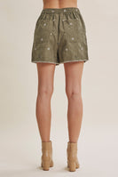 In February Meadow Market Artisan Daisy Embroidered Corduroy Shorts in Olive