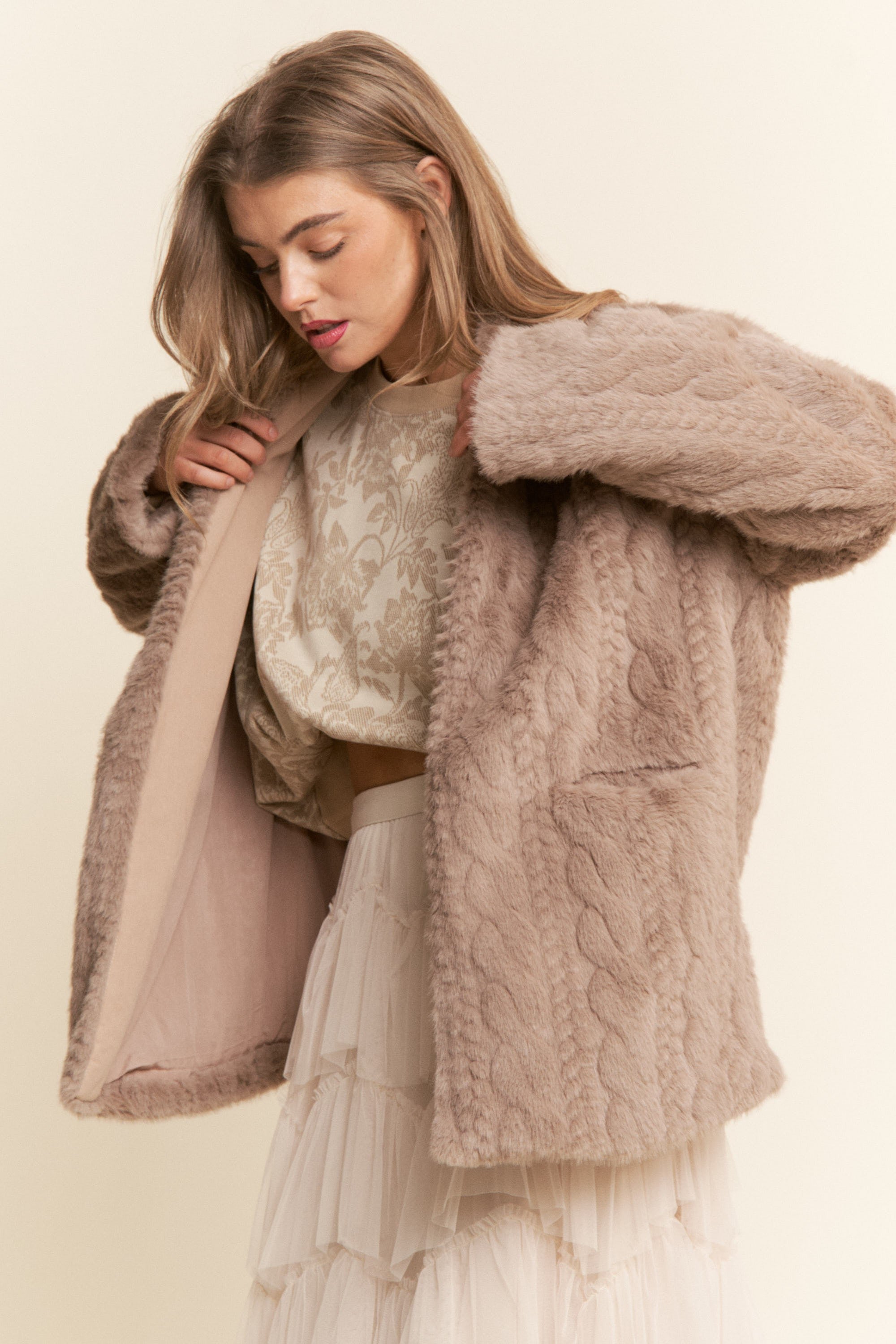 J.nna Open Front Faux Fur Jacket in Light Cocoa – June Adel