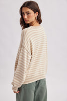 Wishlist Striped Fish Coastal Graphic Crew Neck Sweater in Taupe/Sand