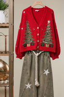 mello. Christmas Tree Embroidered Soft Cardigan in Red