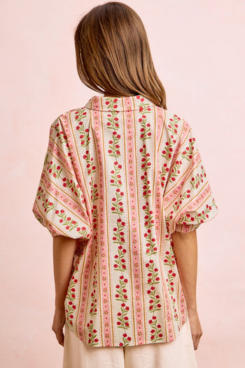 BiBi Bold Woven Striped Floral Print Button Down Top in Red
