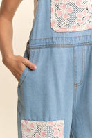 Davi & Dani Lace and Tweed Patchwork Denim Overalls in Light Denim