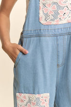 Load image into Gallery viewer, Davi &amp; Dani Lace and Tweed Patchwork Denim Overalls in Light Denim
