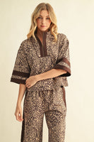 Jodifl Contrast Detail Faux Suede Leopard Top in Beige