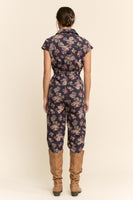 Davi & Dani Floral Print Scuba Zipper Front Jumpsuit in Navy
