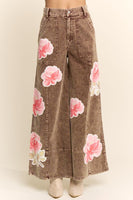 Davi & Dani Washed Corduroy Pants with Printed Flowers in Washed Brown
