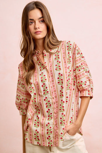 BiBi Bold Woven Striped Floral Print Button Down Top in Red