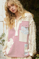 POL Striped Top with Crochet Sleeves and Patches in Cream/Ruby