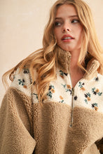 Load image into Gallery viewer, Miou Muse Half Zip Solid and Floral Print Sherpa Pullover Jacket in Tan/Green
