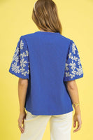 Umgee Textured Top with Embroidery and Scalloped Trim Details in Ocean