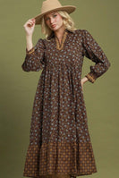 Umgee Floral Mix Media Print Midi Dress in Brown