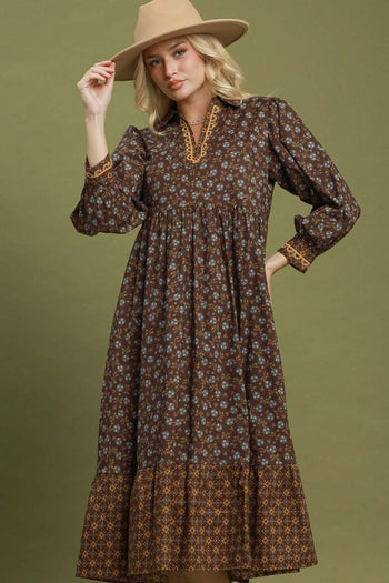 Umgee Floral Mix Media Print Midi Dress in Brown