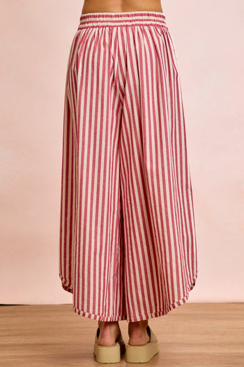 BiBi Striped Eyelet Side Elastic Waist Wide Leg Pants in Red