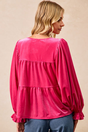 BiBi Velvet Bow Tie Tiered Top in Fuchsia