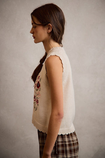 So Me Embroidered V-neck Sweater Vest in Beige