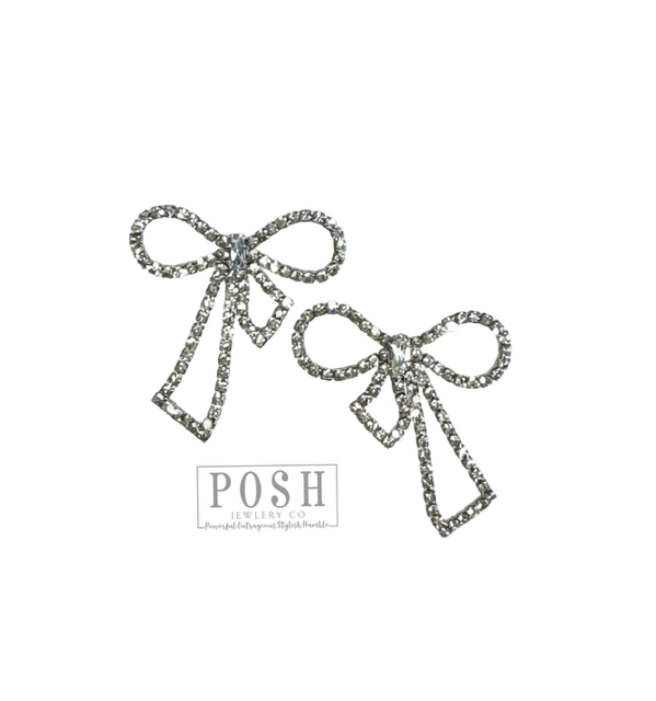 POSH Rhinestone Bow Earrings in Silver Earrings Pink Panache Brands   