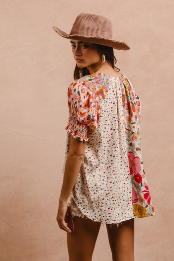 BiBi Mix N Match Woven Peasant Top in Rose Mix