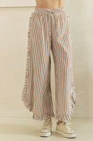Veveret Breezy Stripe Linen Wide Leg Pants in Mocha Ivory