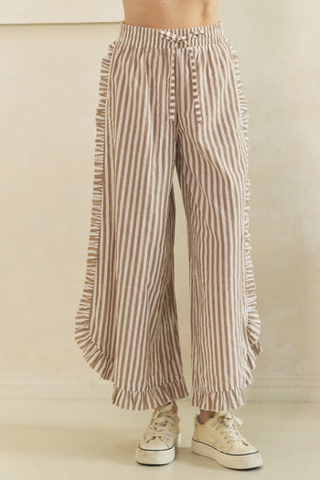 Veveret Breezy Stripe Linen Wide Leg Pants in Mocha Ivory