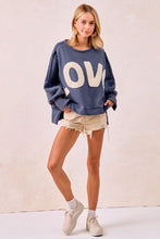 Load image into Gallery viewer, BiBi OVERSIZED French Terry Top with Contrasting Fleece "LOVE" Letter Patches in Dusty Blue/Ivory
