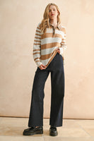 Miou Muse Soft Knit Striped Polo Top in Tan/White