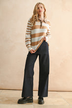 Load image into Gallery viewer, Miou Muse Soft Knit Striped Polo Top in Tan/White

