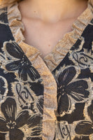 VOY Contrast Ruffled V-neck Floral Textured Top in Tan