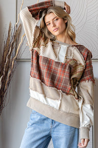 Oli & Hali Mixed Fabric and Plaid Patchwork OVERSIZED Top in Brown