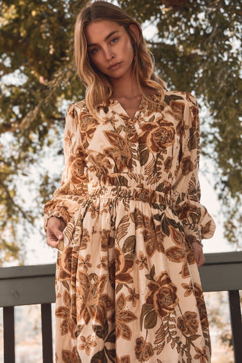 Oddi Floral Printed Midi Dress in Sand Multi