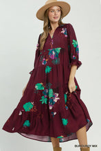 Load image into Gallery viewer, Umgee Floral Print Tiered Midi Dress with Puff Sleeves in Burgundy Mix
