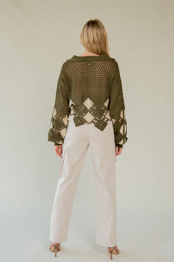 Davi & Dani Open Knit Crochet CROPPED Sweater in Olive