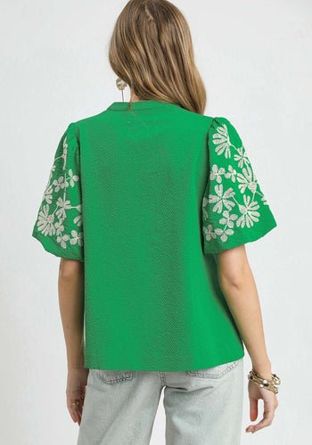 Umgee Textured Top with Embroidery and Scalloped Trim Details in Kelly Green