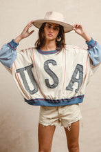 Load image into Gallery viewer, BiBi OVERSIZED Color Block Top with USA Denim Patches in Oatmeal/Denim
