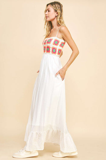 Davi & Dani Crochet Bodice Maxi Dress in White L Davi & Dani Crochet Bodice Maxi Dress in White L