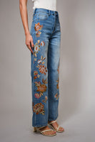 Blue B Wide Leg Denim Jeans With Floral Embroidery Down Sides in Medium Wash ON ORDER