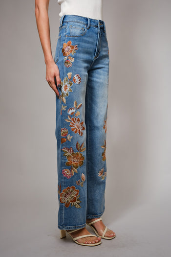 Blue B Wide Leg Denim Jeans With Floral Embroidery Down Sides in Medium Wash ON ORDER