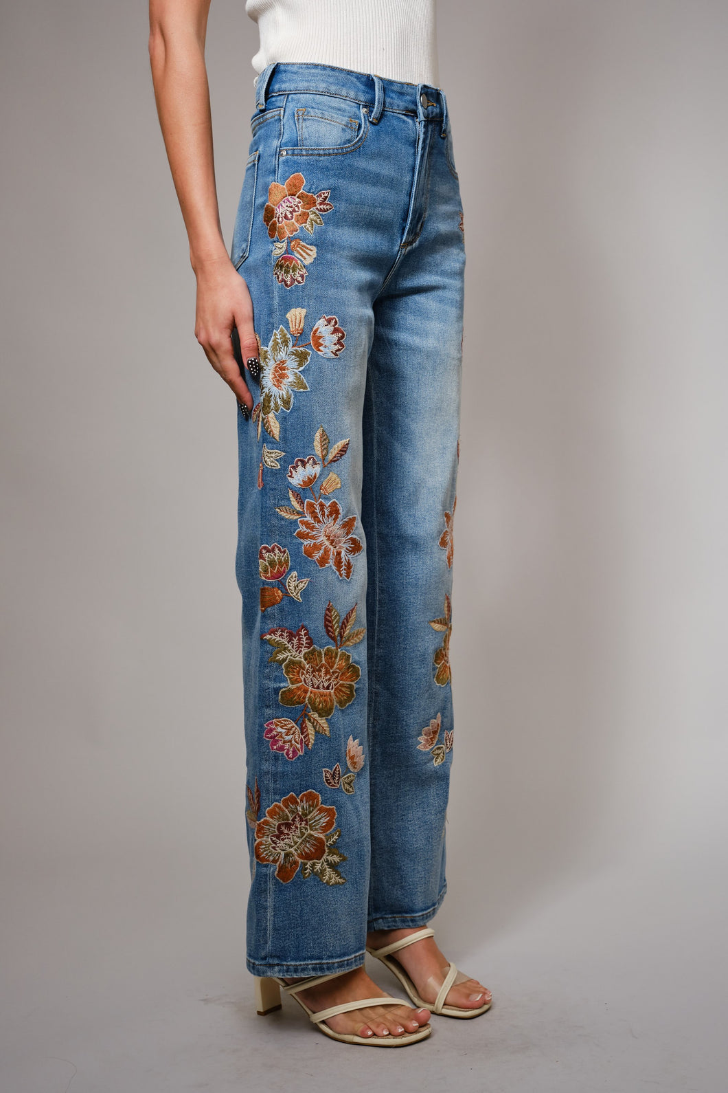 Blue B Wide Leg Denim Jeans With Floral Embroidery Down Sides in Medium Wash ON ORDER