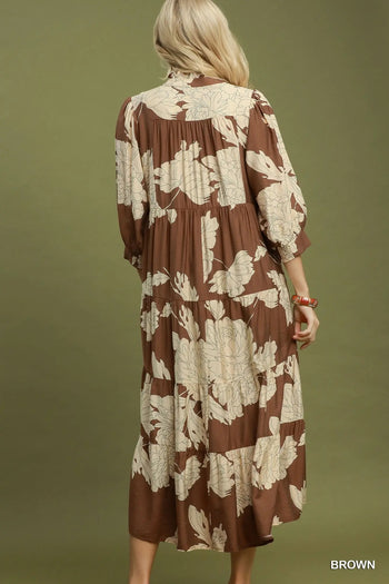 Umgee Floral Tiered Maxi Dress in Brown