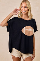BiBi Solid Color Waffle Knit Top with Football Patch Front in Black