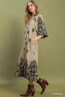Umgee Border Print Smocked Detail Midi Dress in Charcoal