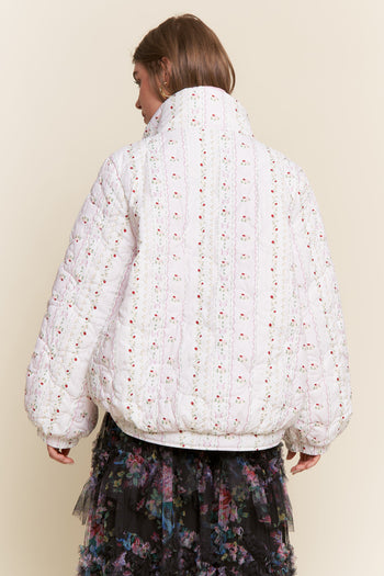J.nna Double Collar Floral Print Puffer Jacket in Floral White