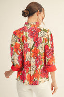 Jodifl Bold Floral Top with Contrasting Solid Accents in Red