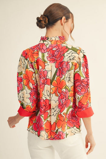 Jodifl Bold Floral Top with Contrasting Solid Accents in Red