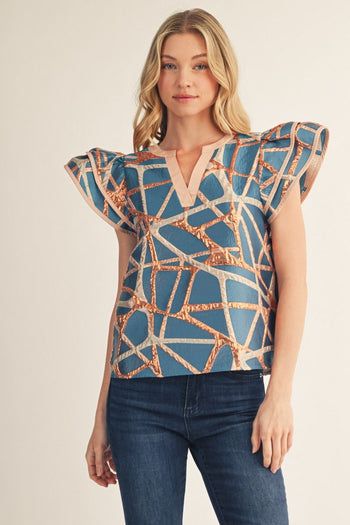 Jodifl Abstract Metallic Jacquard Top in Turquoise